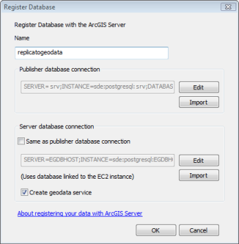 Example populated Register Database dialog box