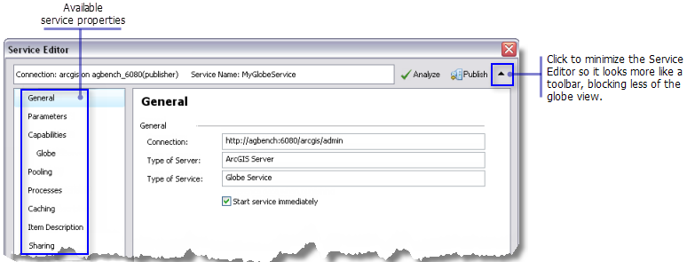 The Service Editor window for setting globe service properties