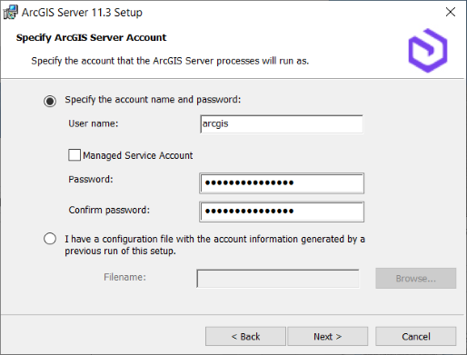 Specify the ArcGIS Server account.